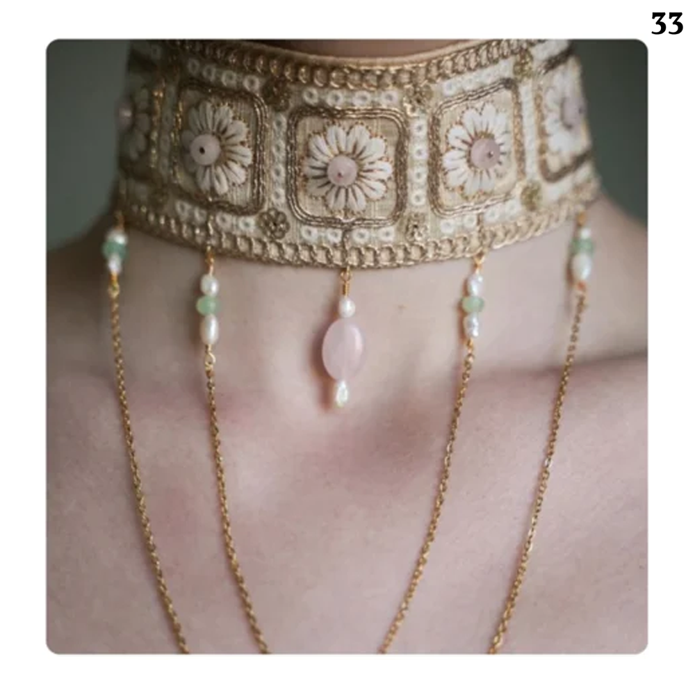 Handmade women's necklace decorated with stones and chains